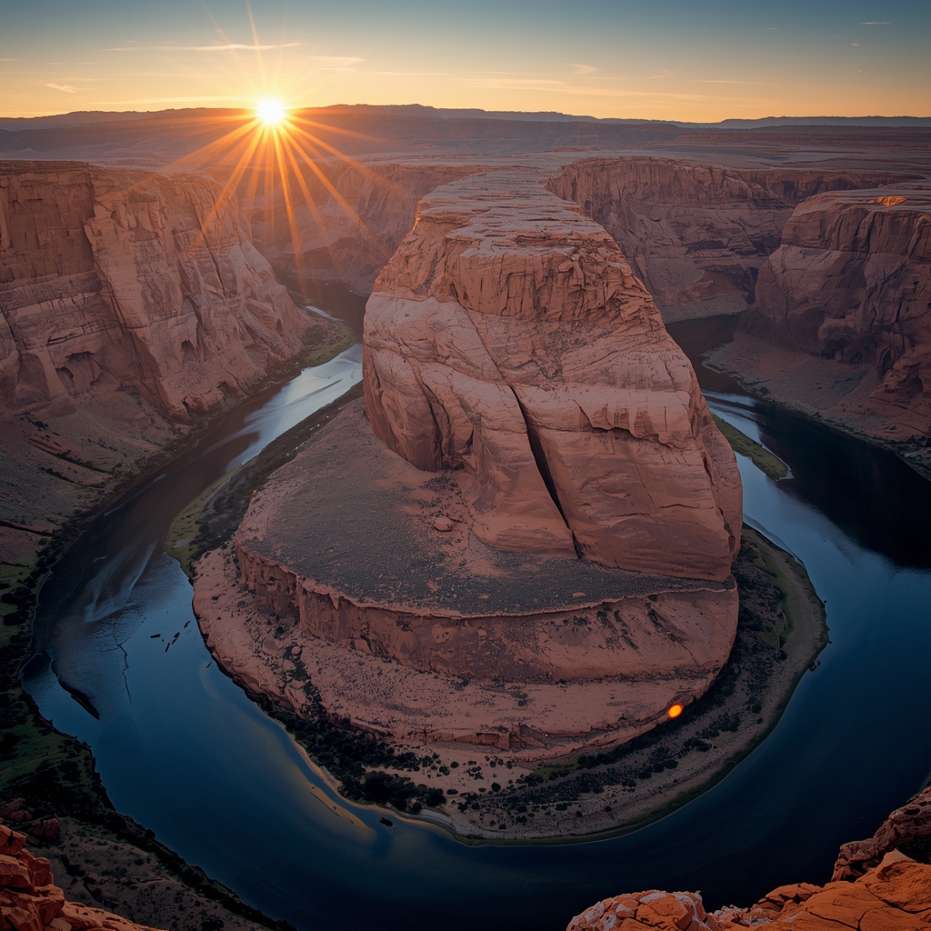 An epic canyon with a winding river below during golden hour, realistic, stunning geological formations, vibrant colors, scenery, no people